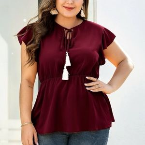 Shein Fringe Tie Neck Wine Color Peplum Top - Size 2X